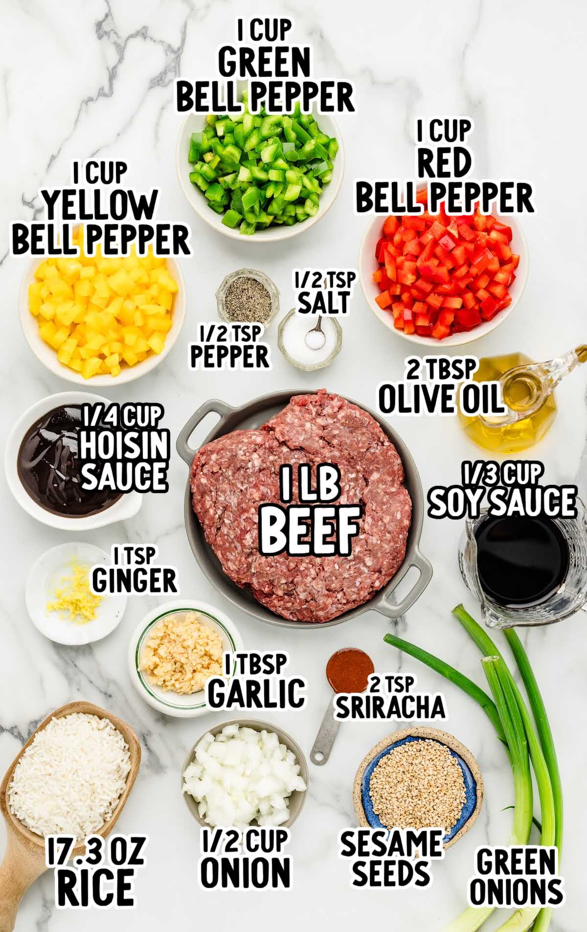 Beef Bowl raw ingredients that are labeled