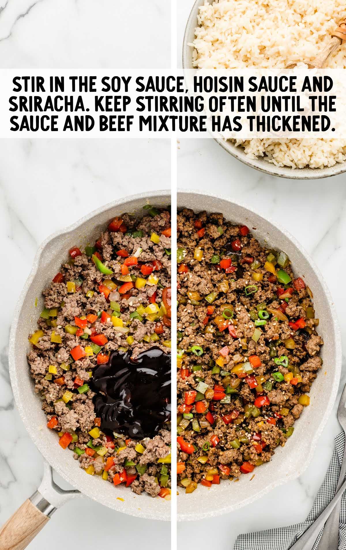 soy sauce, hoisin sauce, and sriracha added to the beef mixture in the skillet