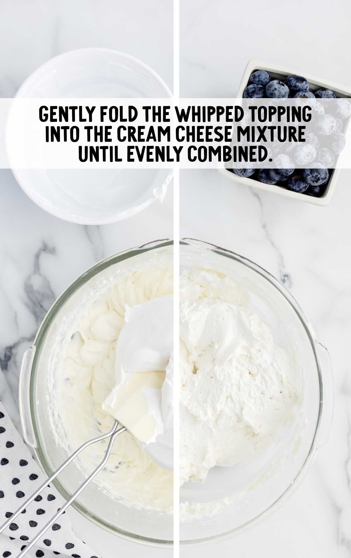 whipped topping folded into the cream cheese mixture in a bowl