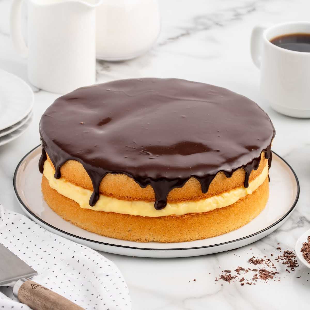 a Boston Cream Pie on a plate