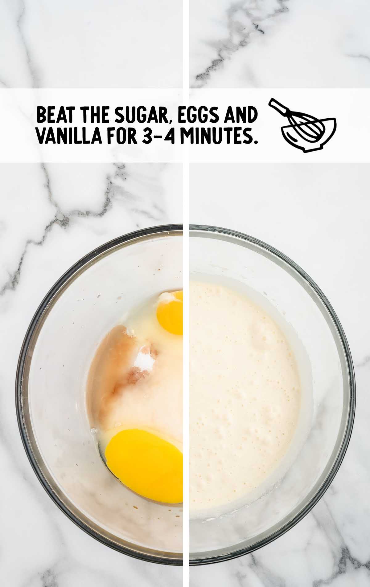 sugar, eggs, and vanilla combined in a bowl