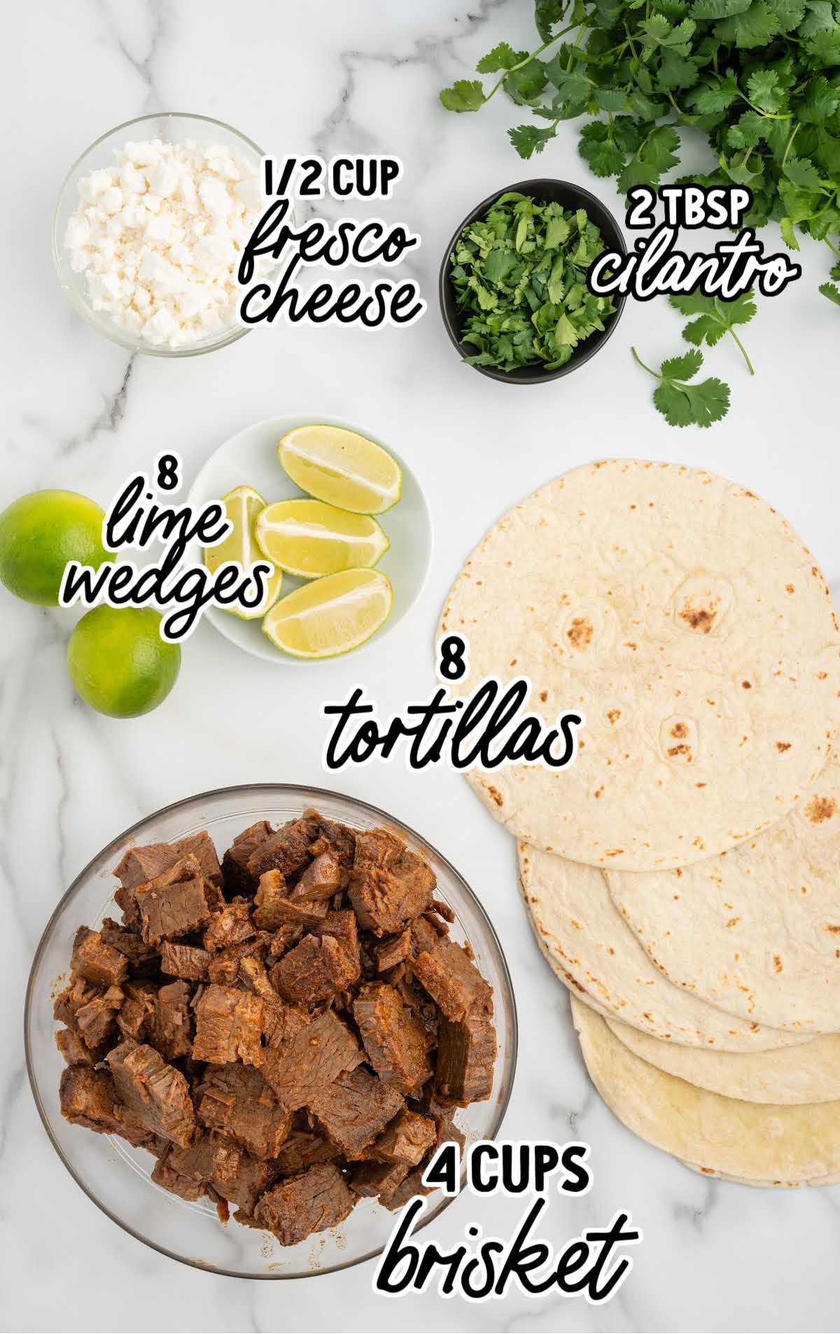 Brisket Tacos raw ingredients that are labeled