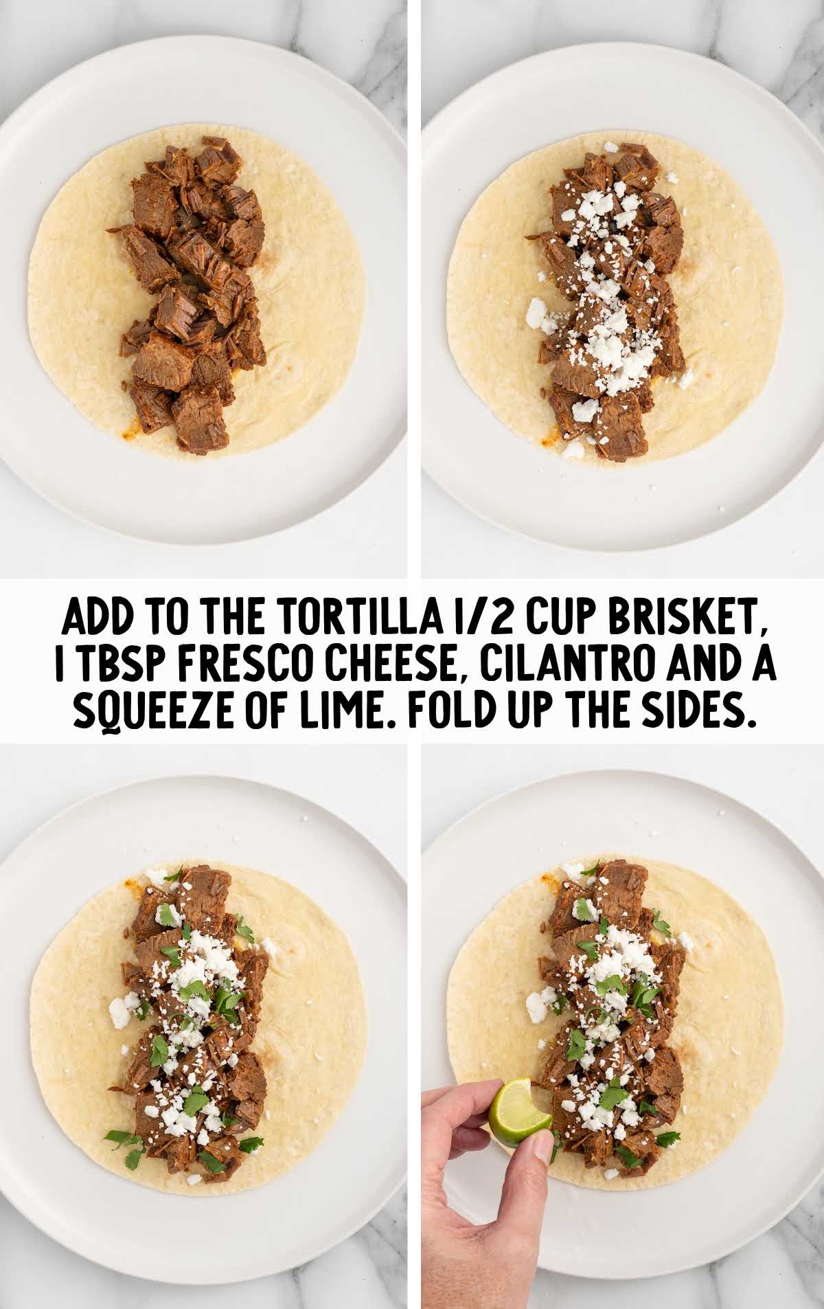 tortillas topped with brisket, crumbled cheese, and cilantro