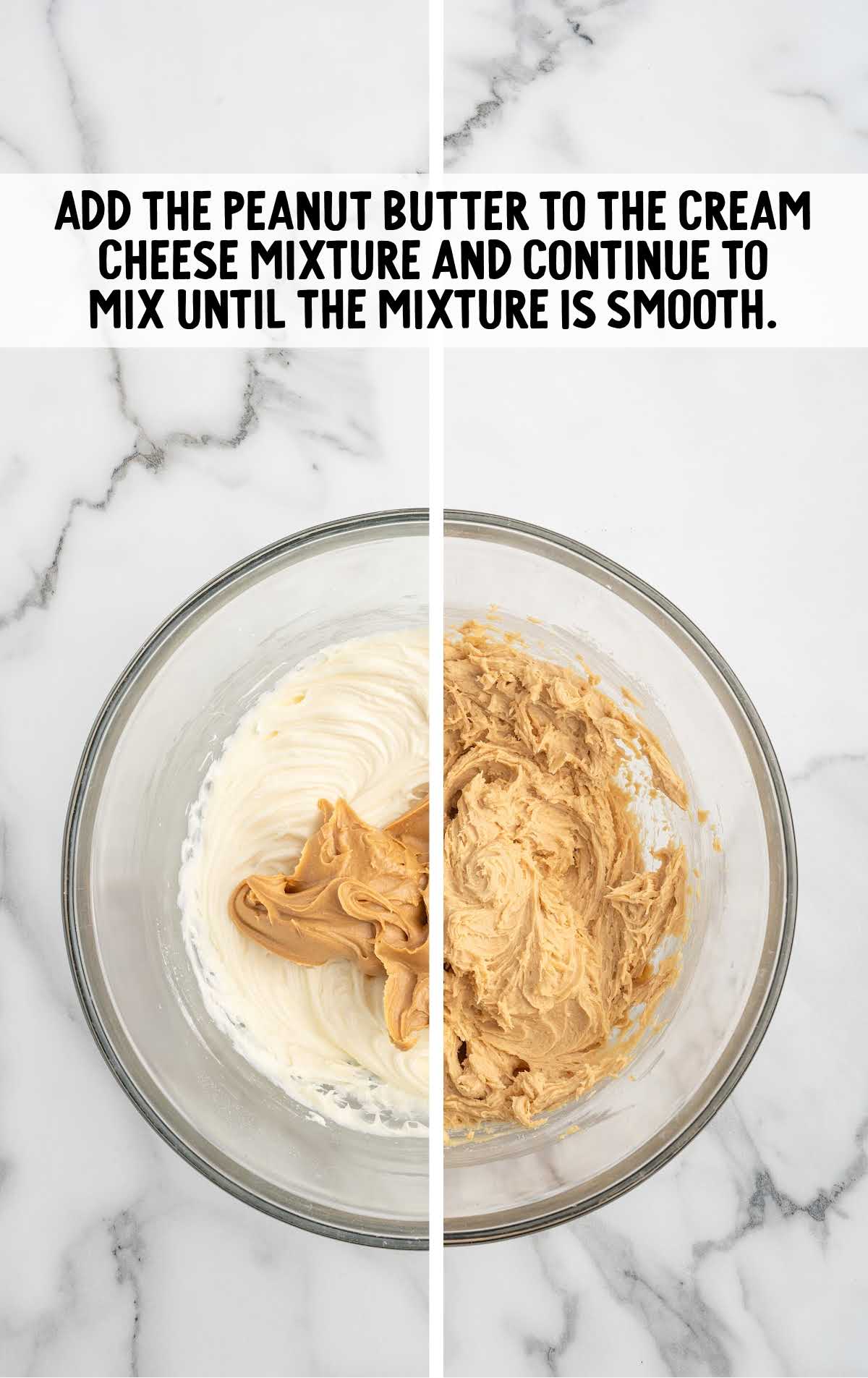 peanut butter added to the cream cheese mixture in a bowl