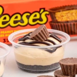 peanut butter filling topped with chocolate sauce and a reese's mini