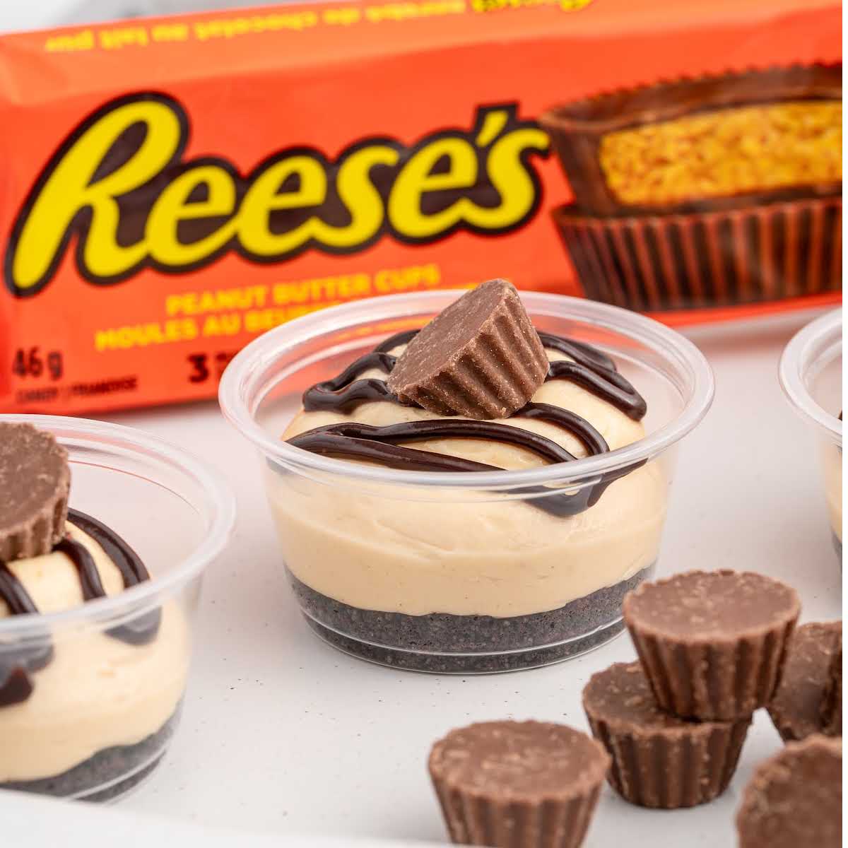 peanut butter filling topped with chocolate sauce and a reese's mini