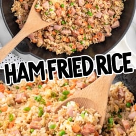a skillet of ham fried rice garnished with green onions
