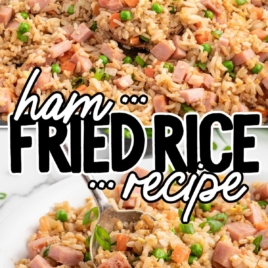 a skillet of ham fried rice garnished with green onions