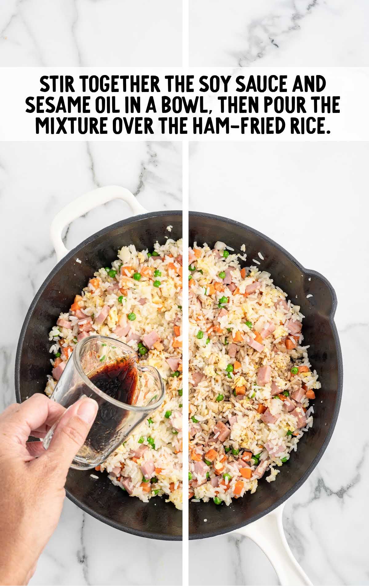 soy sauce and sesame oil added to the skillet of ham fried rice