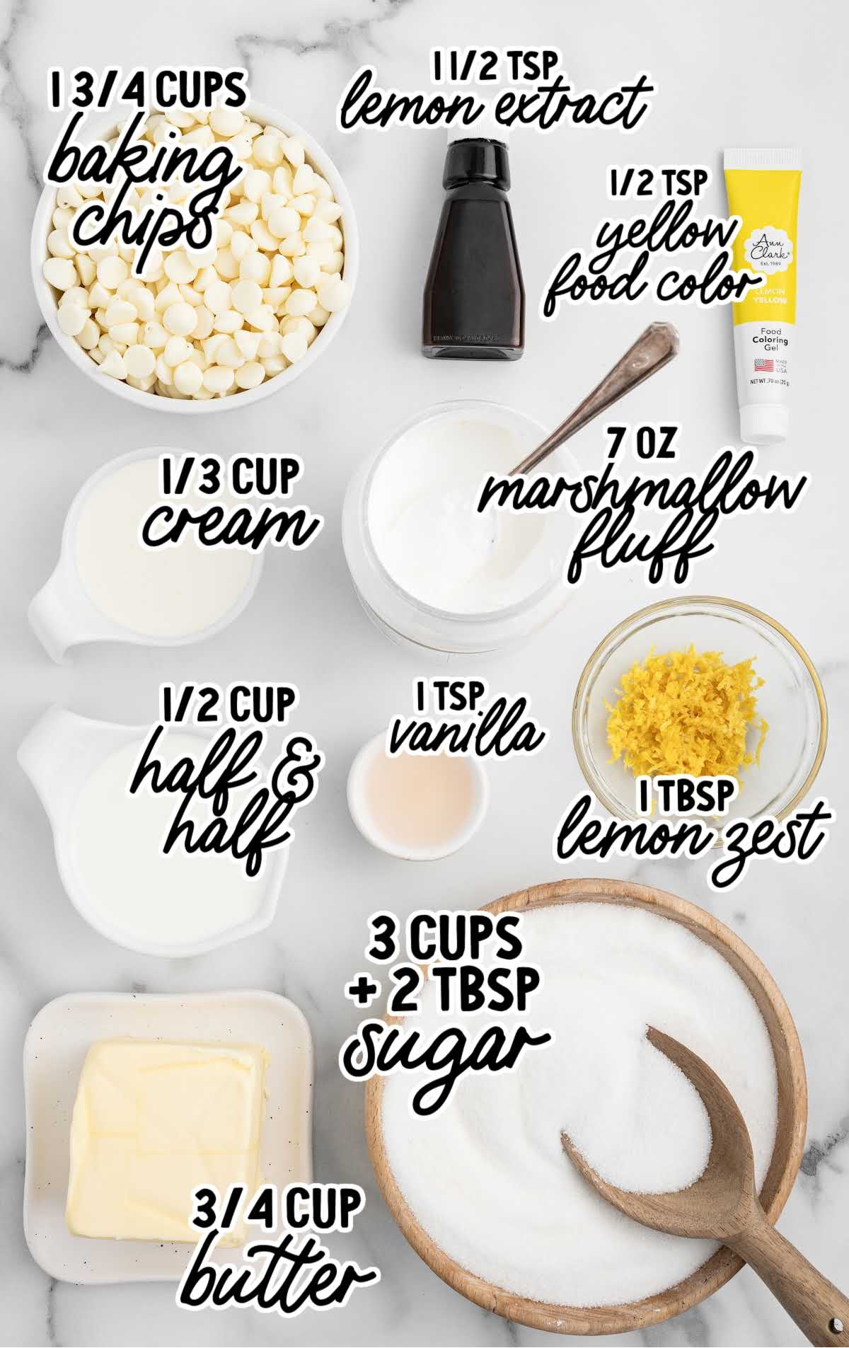 Lemon Fudge Recipe raw ingredients that are labeled