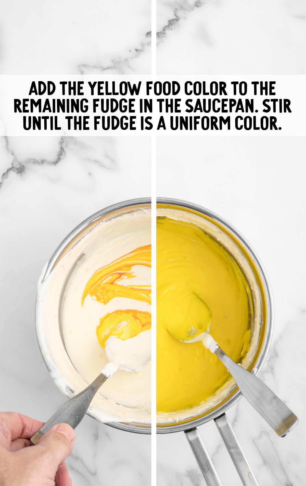 yellow food coloring added to the fudge in a saucepan