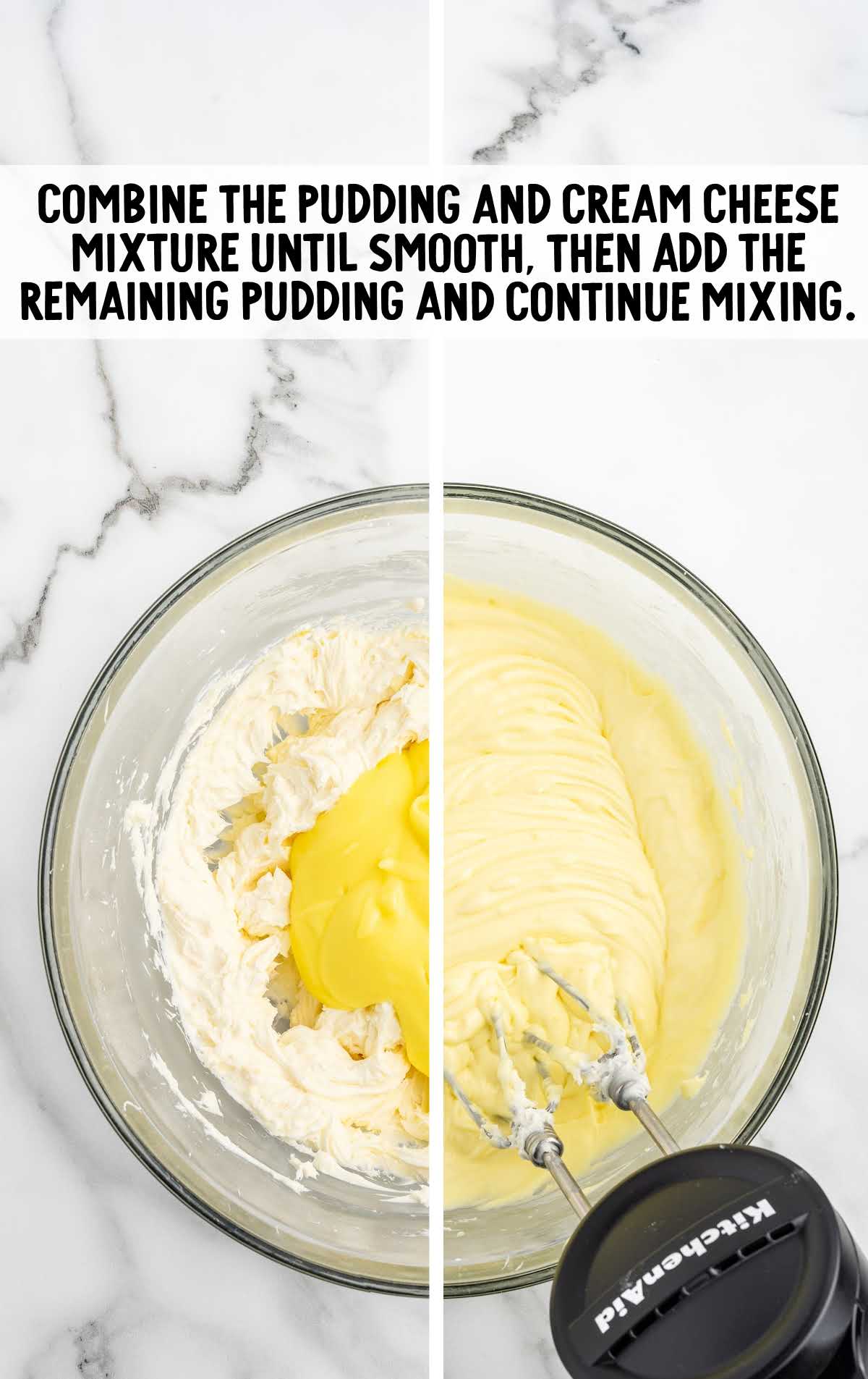 pudding and cream cheese mixture blended together in a bowl
