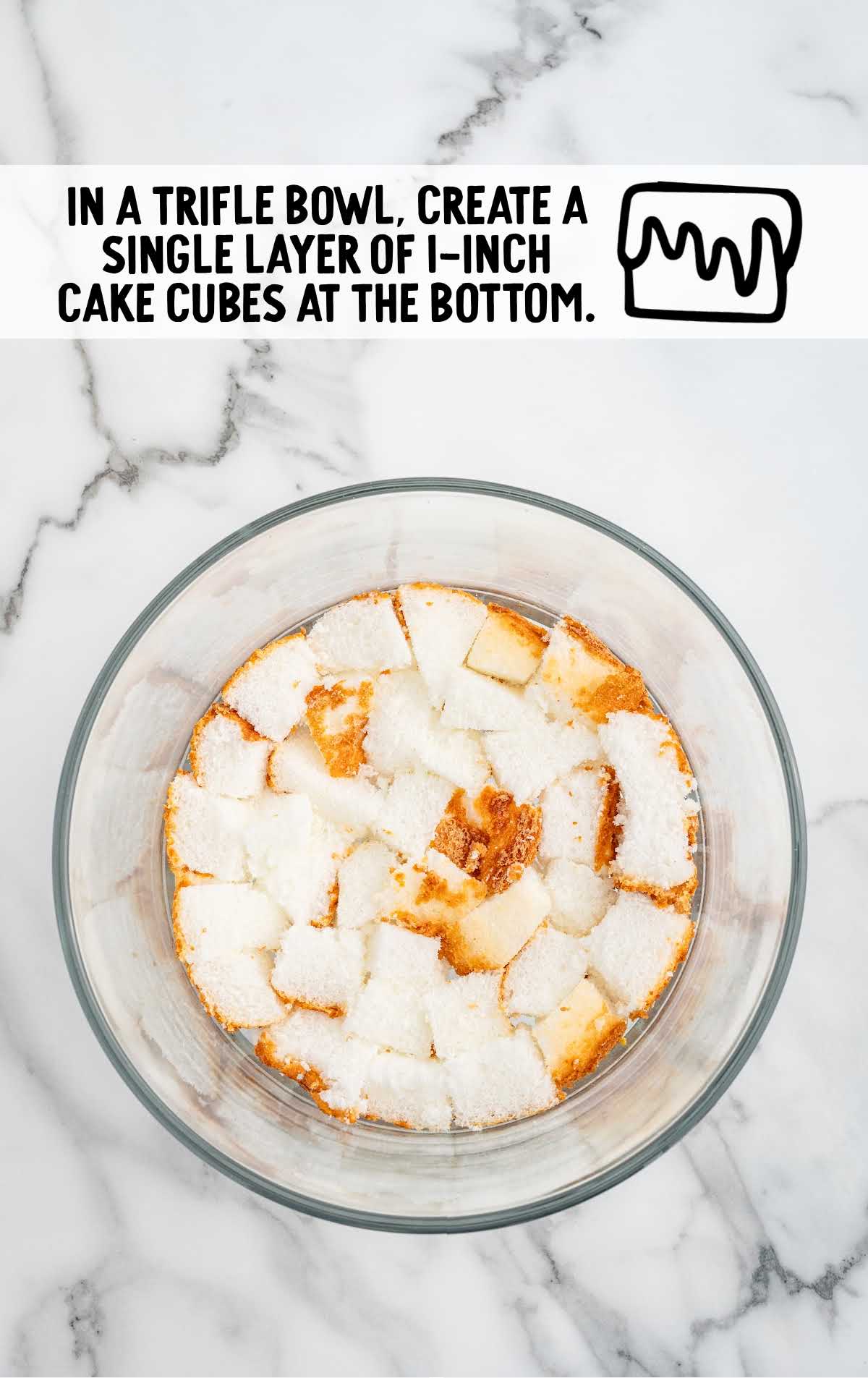 cake cubes placed at the bottom of the trifle jar