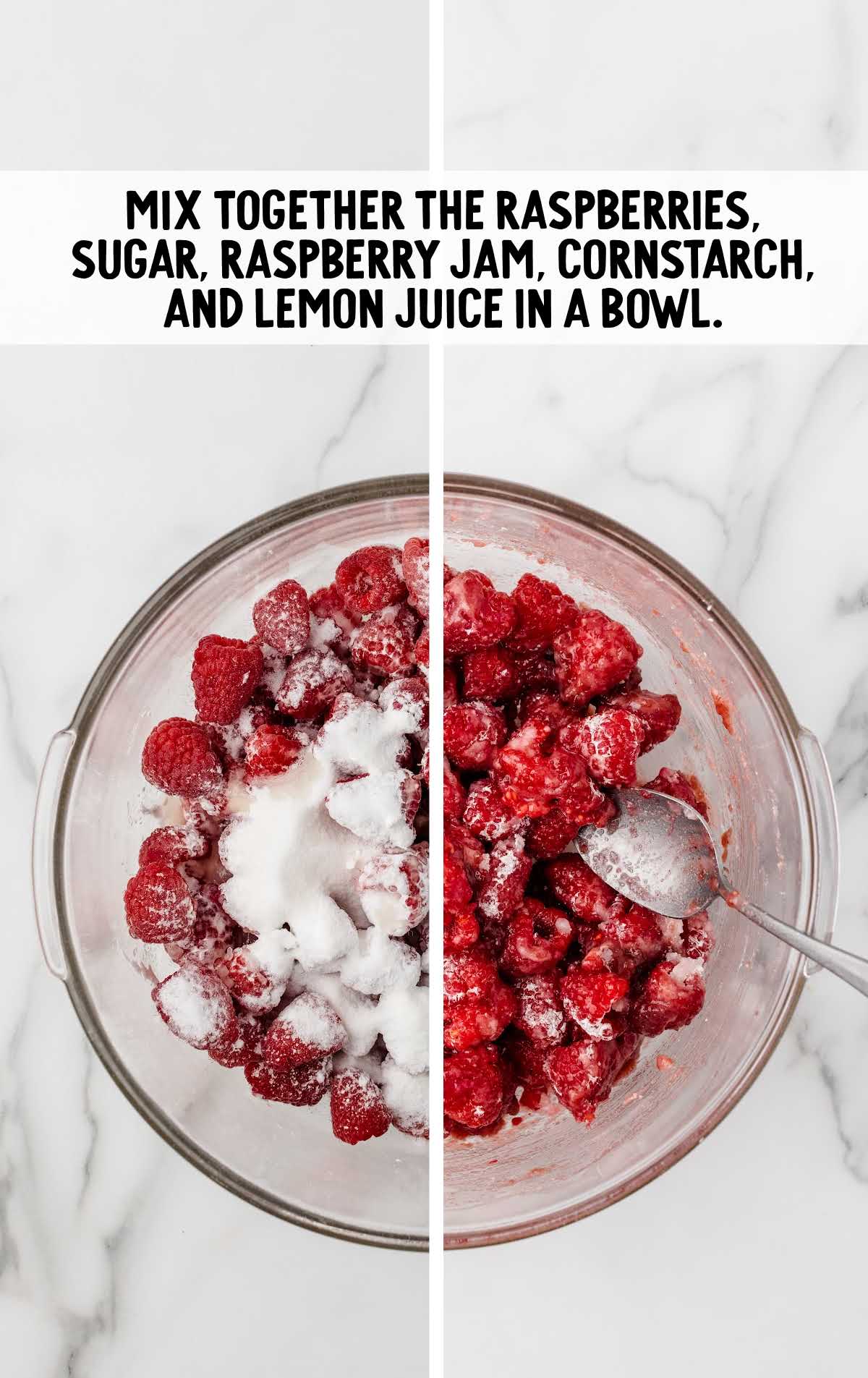 raspberries, sugar, raspberry jam, cornstarch, and lemon juice added to a bowl