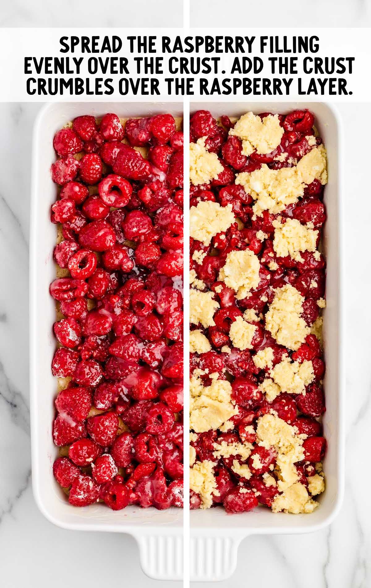 raspberry filling spread over the crust and then topped with crust crumbles