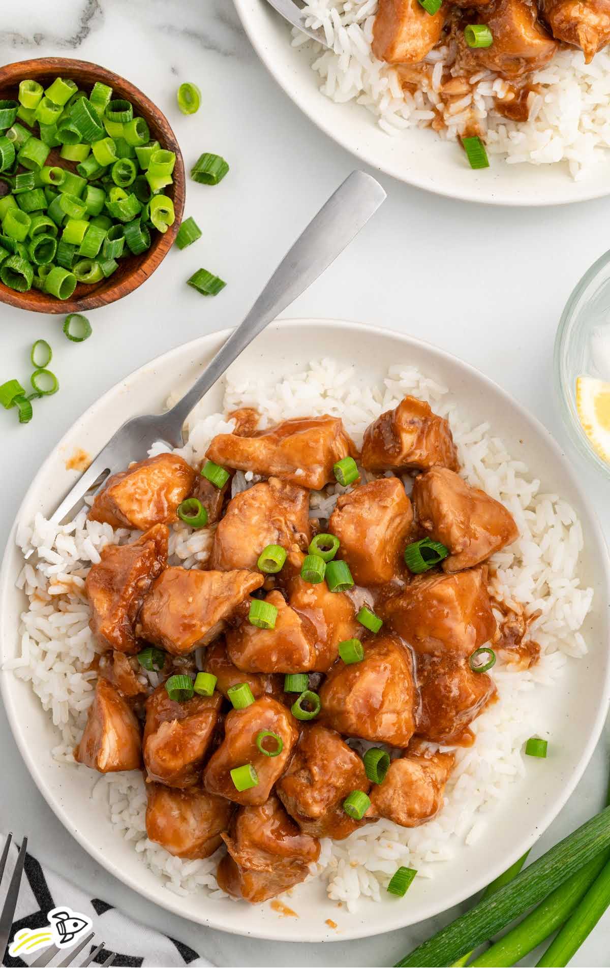 a plate of Sweet Hawaiian Chicken topped with green onions and served over white rice