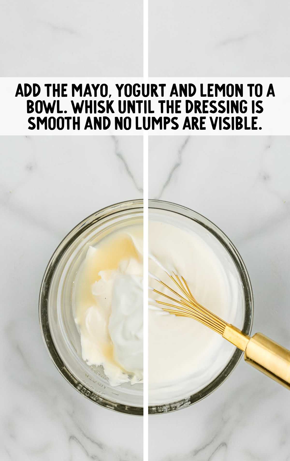 mayonnaise, yogurt and lemon juice whisked together in a bowl