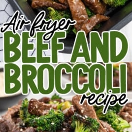a plate of Air Fryer Beef and Broccoli topped with sesame seeds and served with white rice