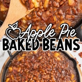 a skillet of Apple Pie Baked Beans with a wooden spoon