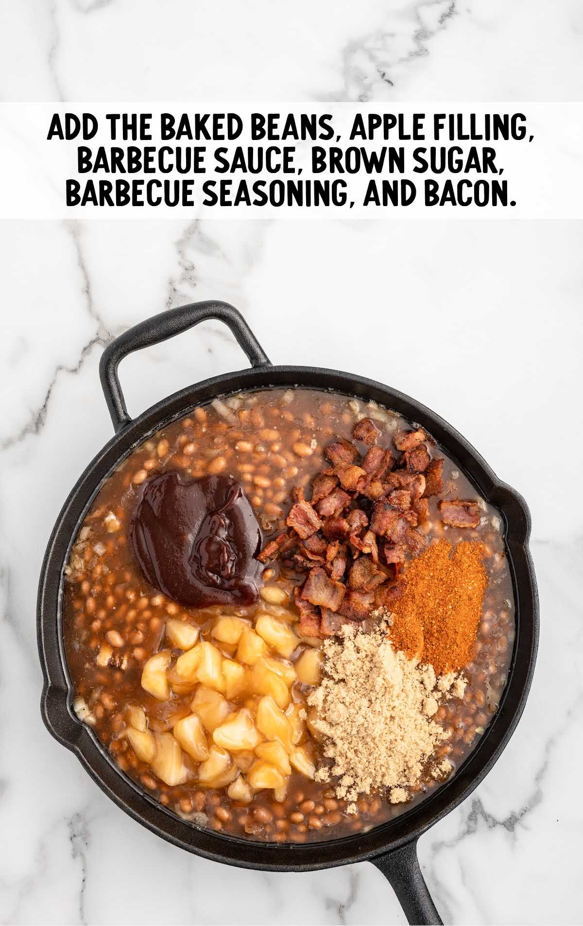 baked beans, apple pie filling, bottled barbecue sauce, light brown sugar, barbecue seasoning blend, and the cooked bacon pieces added to the skillet