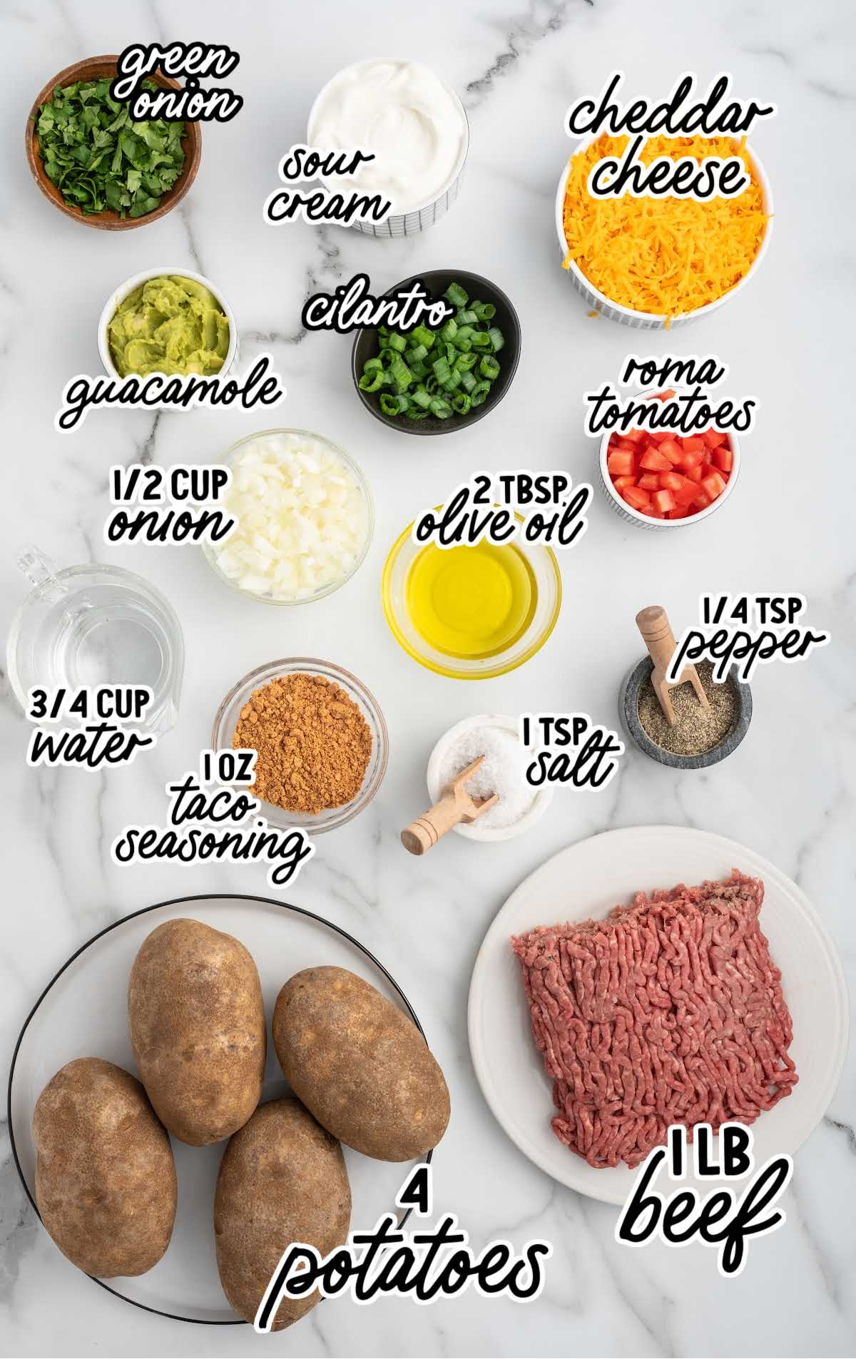 Baked Potato Tacos raw ingredients that are labeled