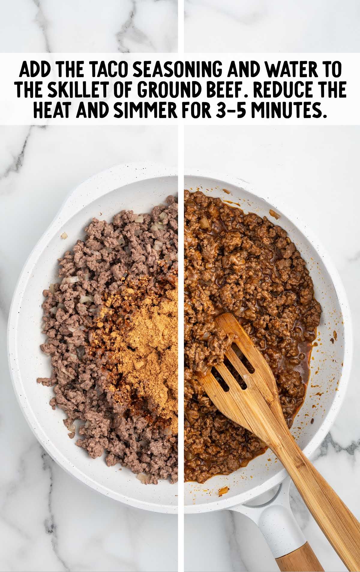 taco seasoning and water added to the skillet of ground beef