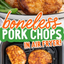 overhead shot of Boneless Pork Chops in a air fryer