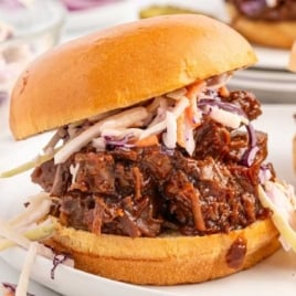 close up shot of a Brisket Sandwich with slaw