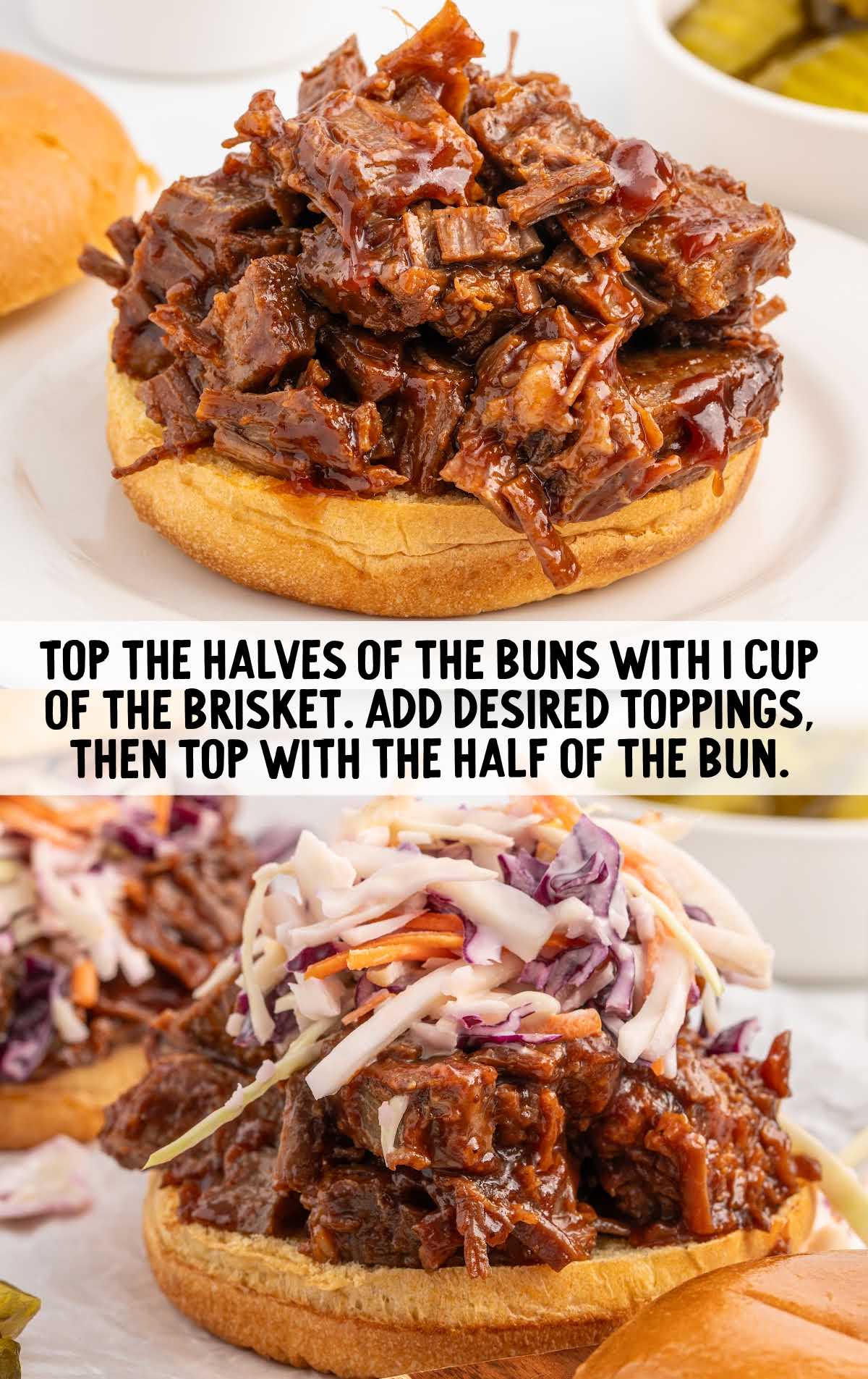 sandwich topped with brisket and slaw
