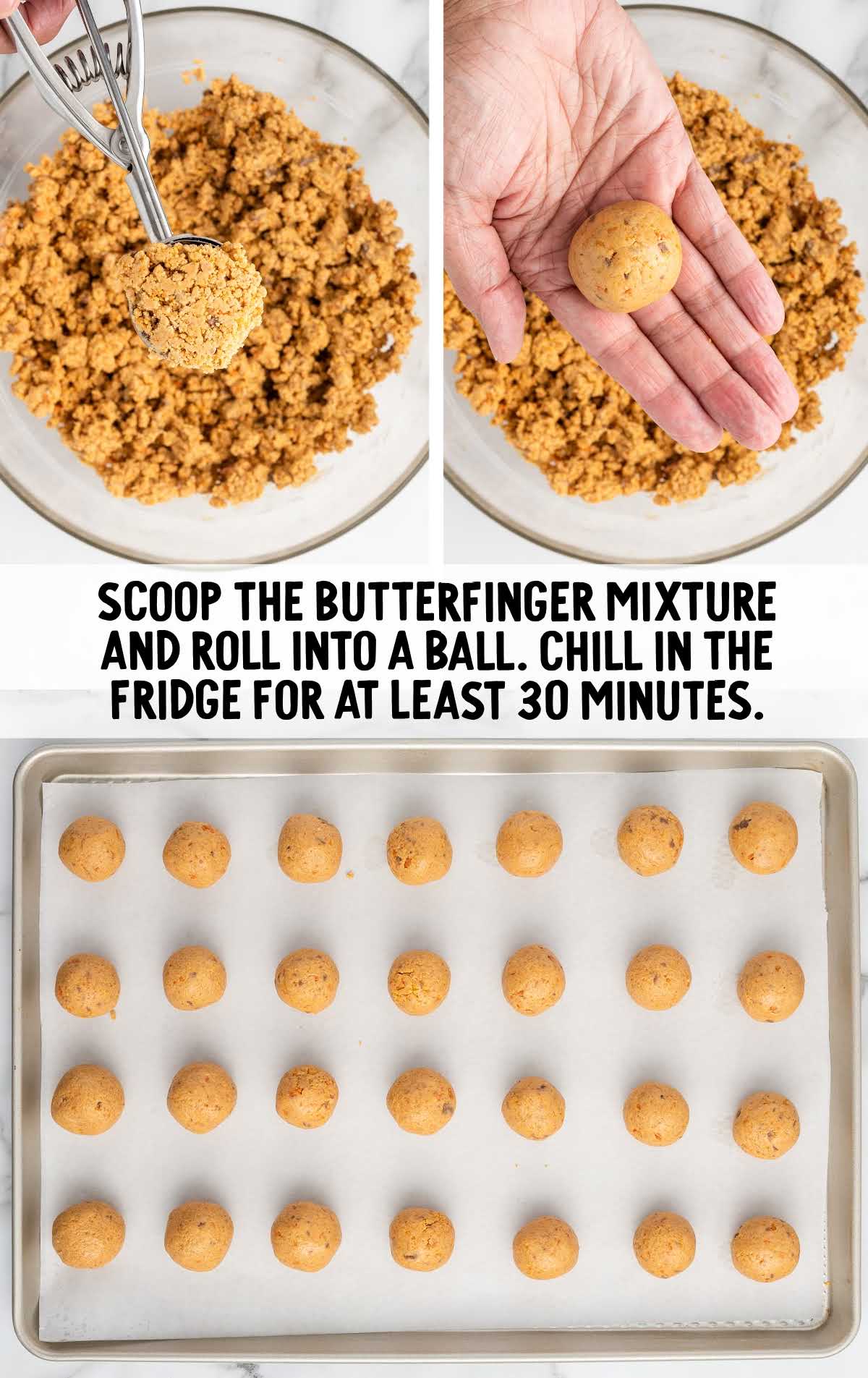 butterfinger mixture scooped and rolled into a ball