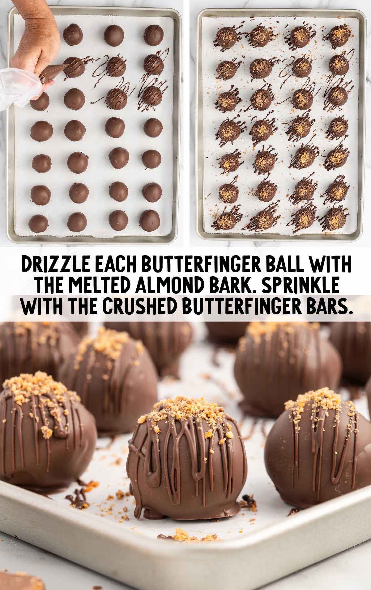 melted almond bark drizzled on each of the butterfingers and sprinkled with crushed butterfinger bars