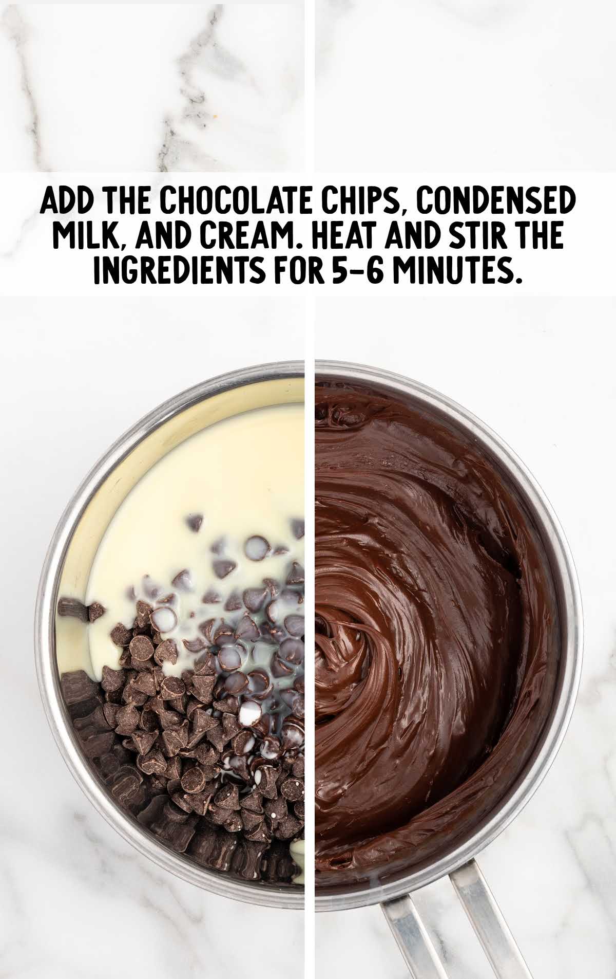 semi-sweet chocolate chips, sweetened condensed milk, and heavy cream combined in a saucepan