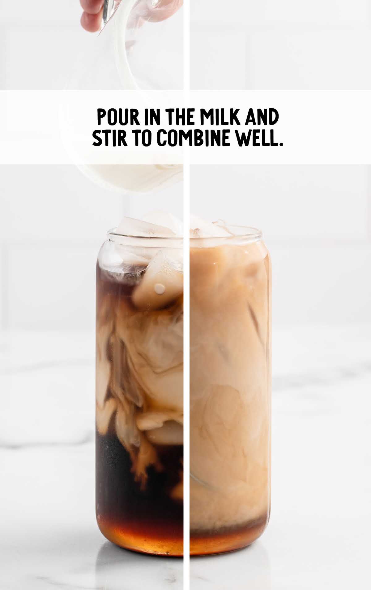 milk poured into the iced coffee