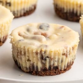 Plate of mini chocolate chip cookie cheesecakes with cookie crusts and creamy cheesecake centers.