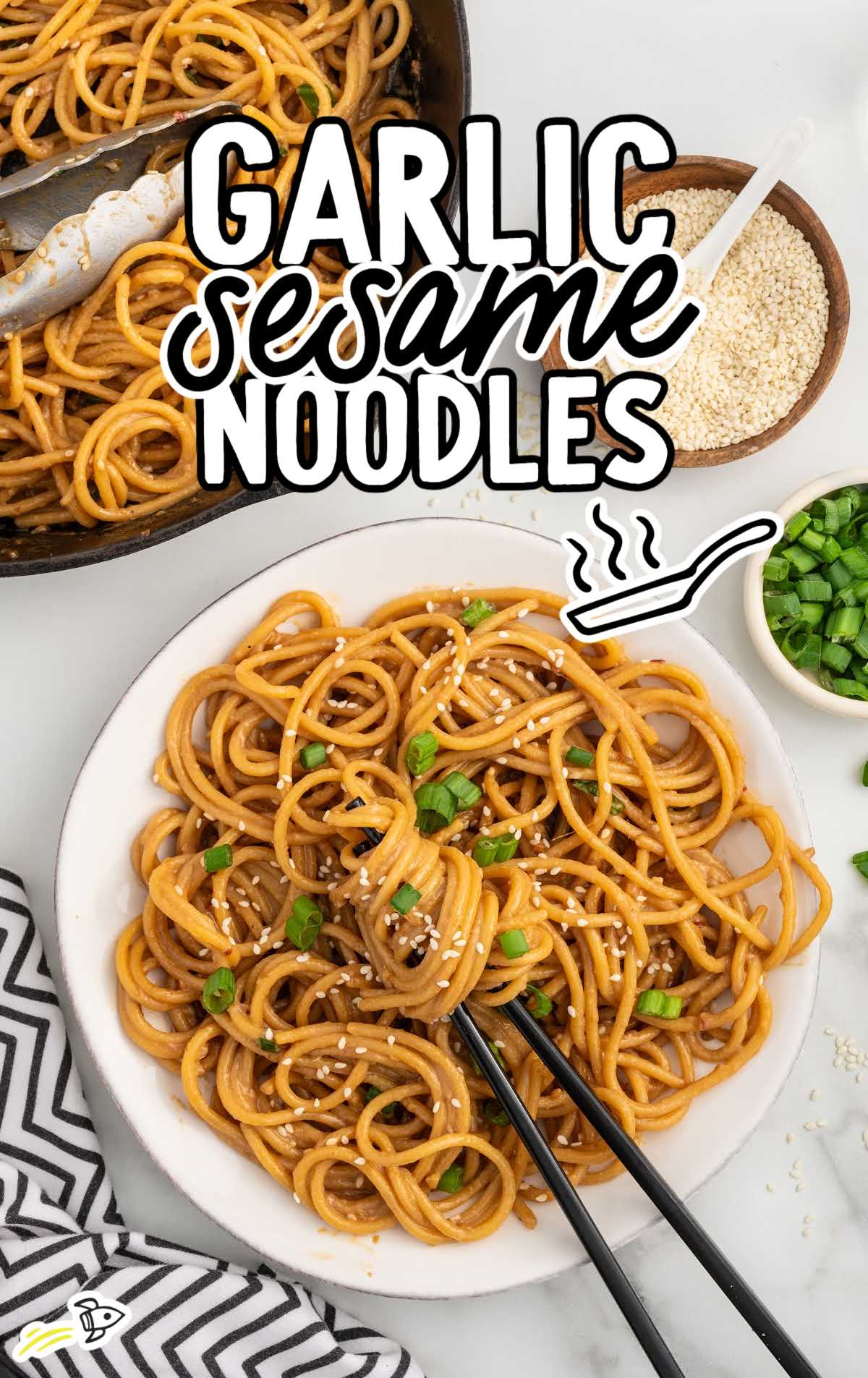 overhead shot of Garlic Sesame Noodles on a plate
