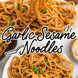 overhead shot of Garlic Sesame Noodles on a plate