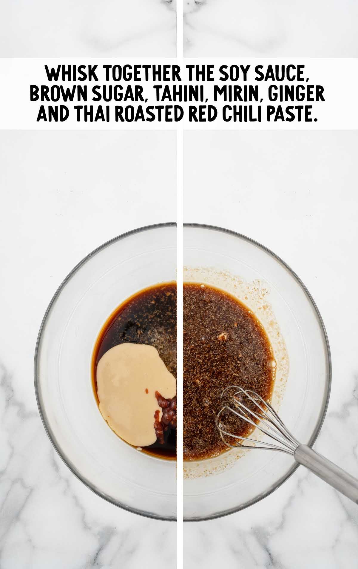 soy sauce, brown sugar, tahini, mirin ginger and thai roasted red chili paste whisked together