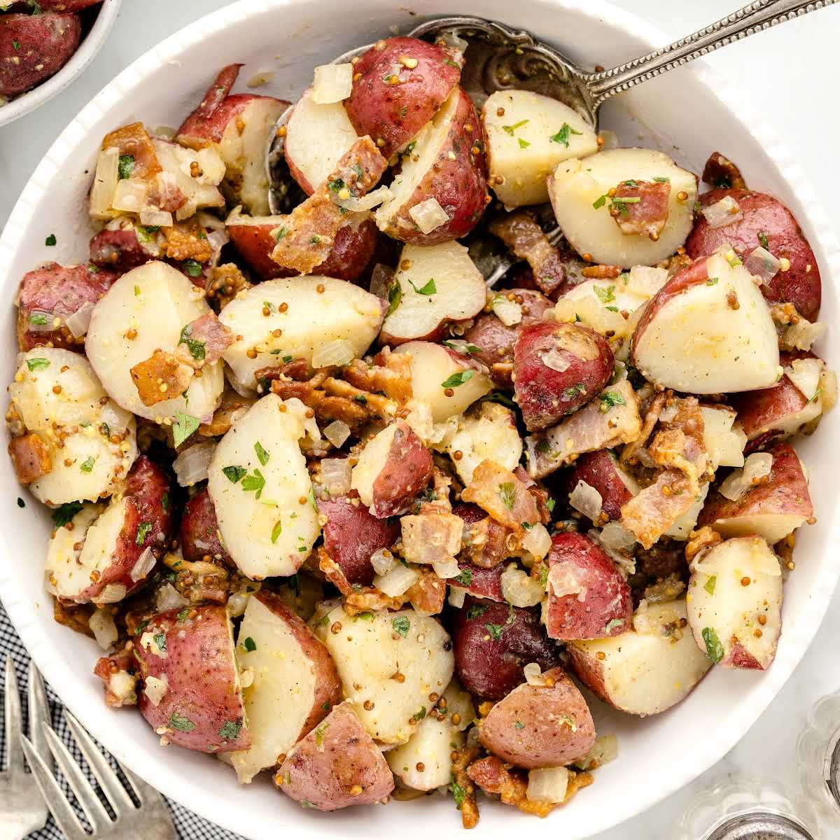 overhead shot of German Potato Salad in a bowl