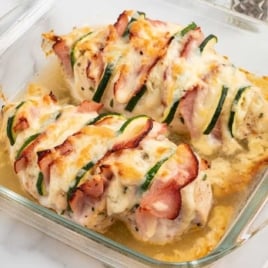 a baking dish of Hasselback Chicken