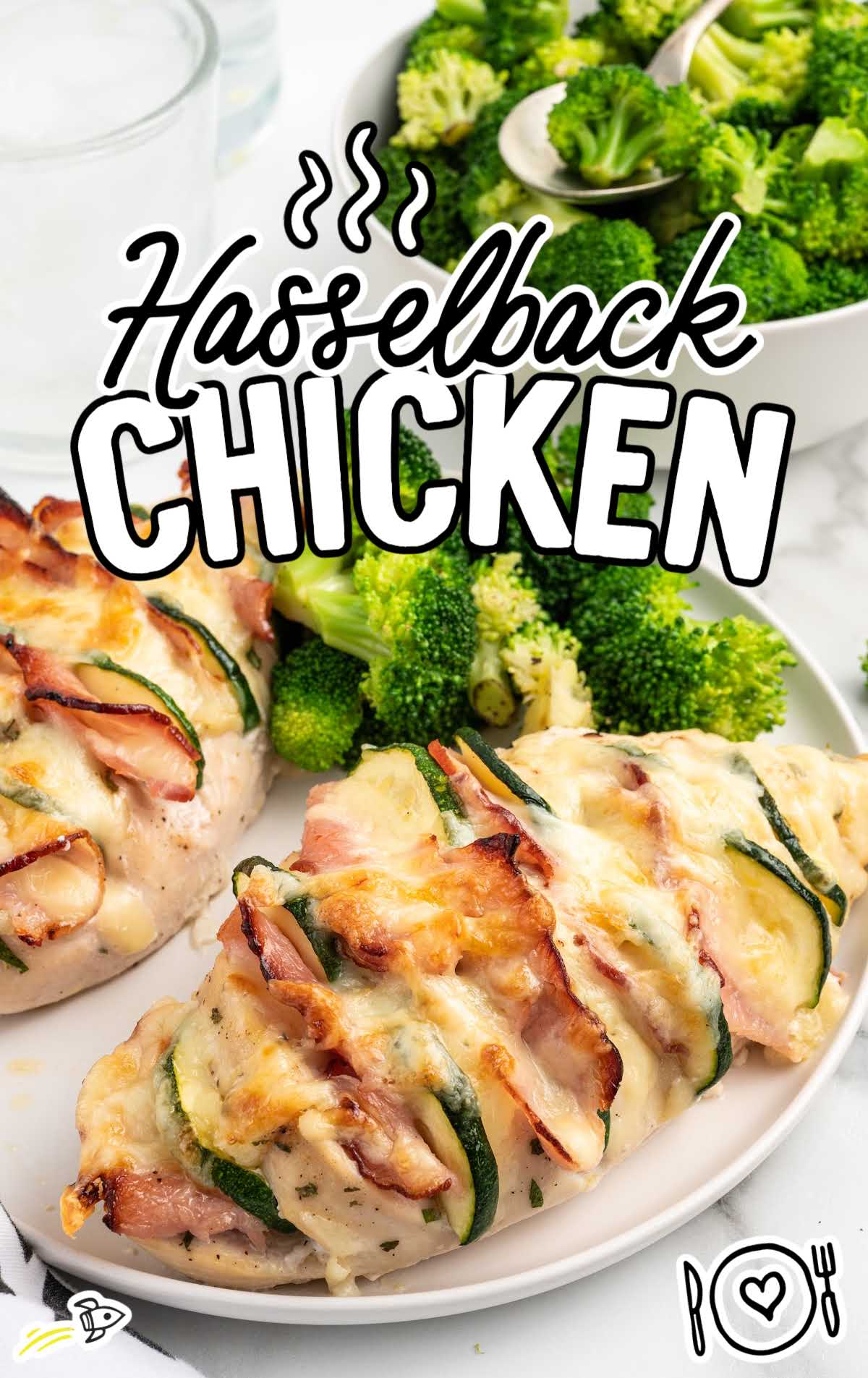 a plate of Hasselback Chicken served with a side of broccoli