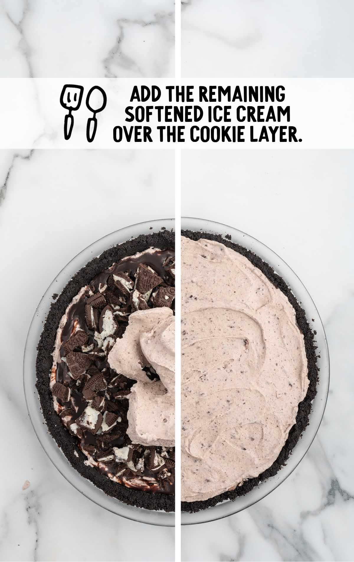 softened ice cream spread on top of the cookie layer