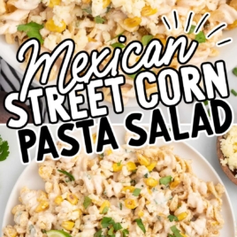 a plate of Mexican Street Corn Pasta Salad garnished with cilantro