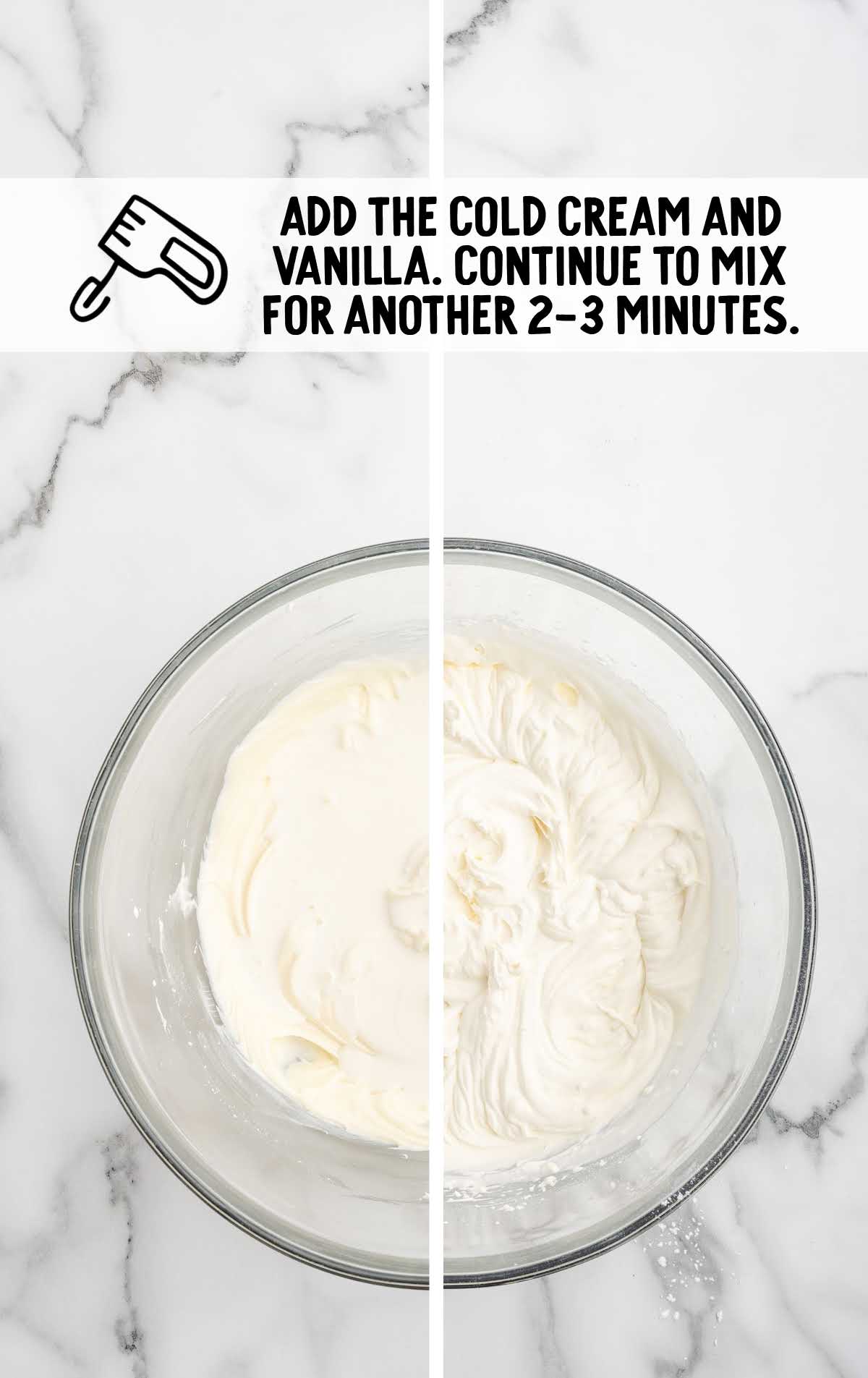 heavy cream and vanilla extract added to the cream cheese in the bowl