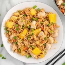 overhead shot of Pineapple Chicken Fried Rice on a plate