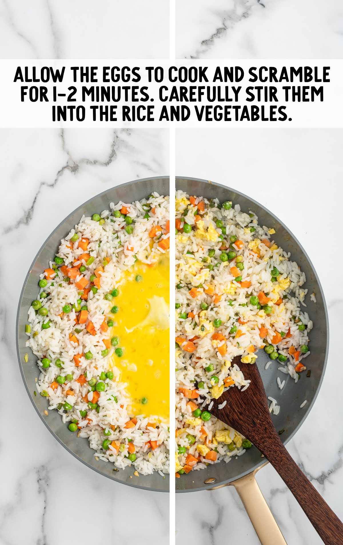 eggs cooked and scrambled and stirred into the rice and vegetable
