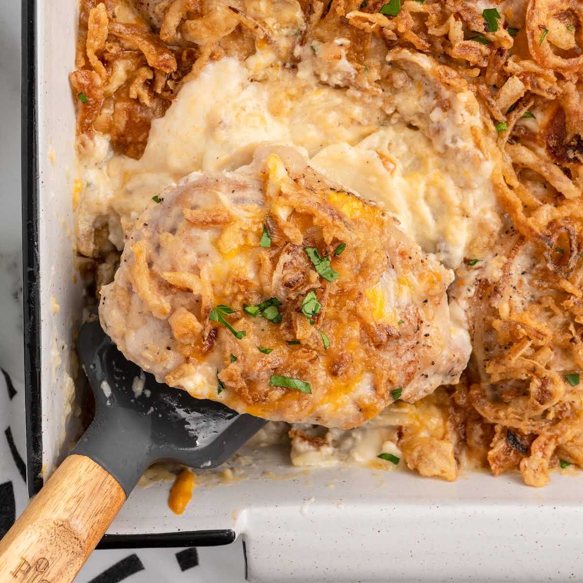 a baking dish of Pork Chop Casserole