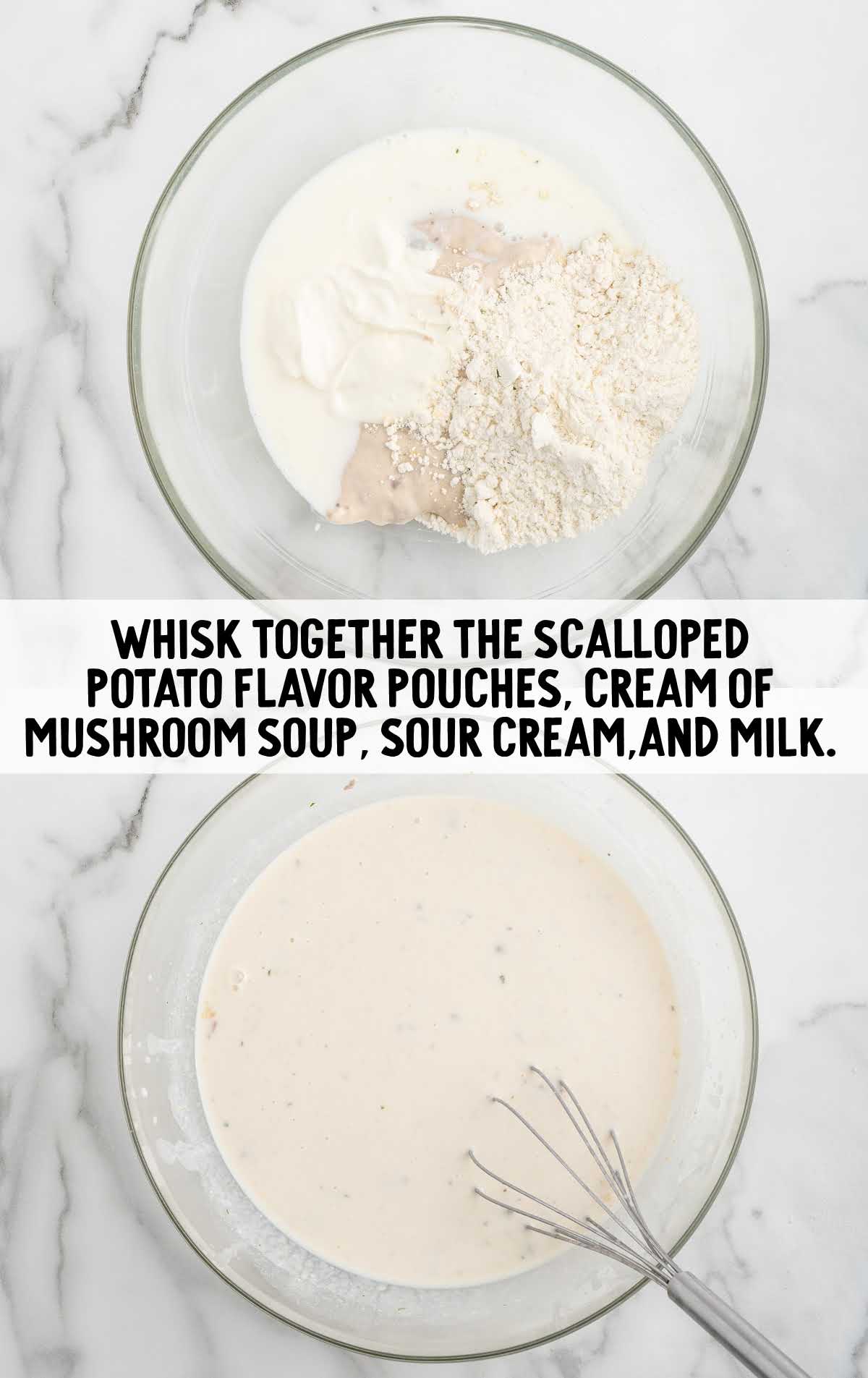 soup, sour cream, hot milk, and the flavor pouches from the scalloped potatoes combined in a bowl