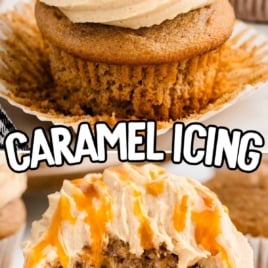 A close up shot of a cupcake topped with caramel icing with a bite taken out of it