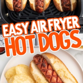 Hot Dogs topped with ketchup and mustard in an air fryer and on a plate with chips