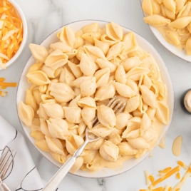 Overhead shot of Shells and Cheese on a plate